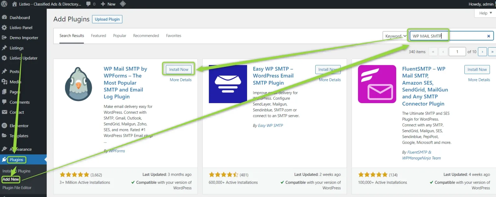 The WordPress Add Plugins screen with "WP MAIL SMTP" typed into the keyword search box; the first result, WP Mail SMTP by WPForms, has its Install Now button highlighted, alongside Easy WP SMTP and FluentSMTP results.