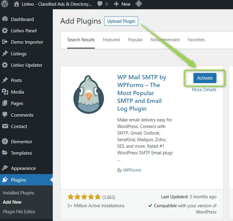 The Add Plugins search result for WP Mail SMTP by WPForms with the blue Activate button highlighted.