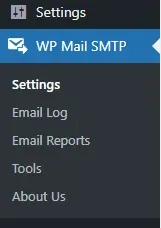 The WordPress admin sidebar showing a WP Mail SMTP menu item under Settings, expanded to Settings, Email Log, Email Reports, Tools and About Us.