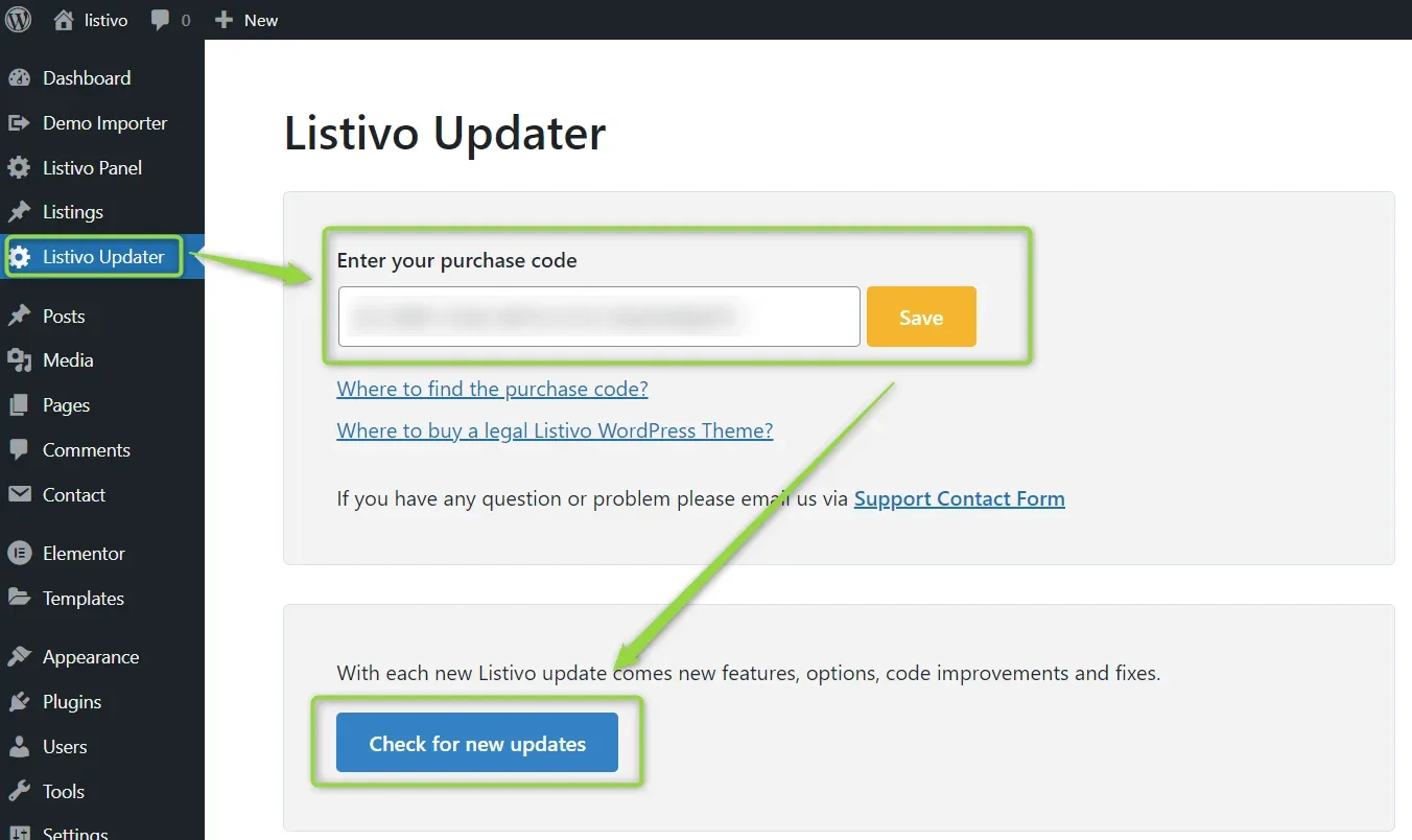 The Listivo Updater screen: an "Enter your purchase code" field with a Save button, links reading "Where to find the purchase code?" and "Where to buy a legal Listivo WordPress Theme?", and a "Check for new updates" button below.
