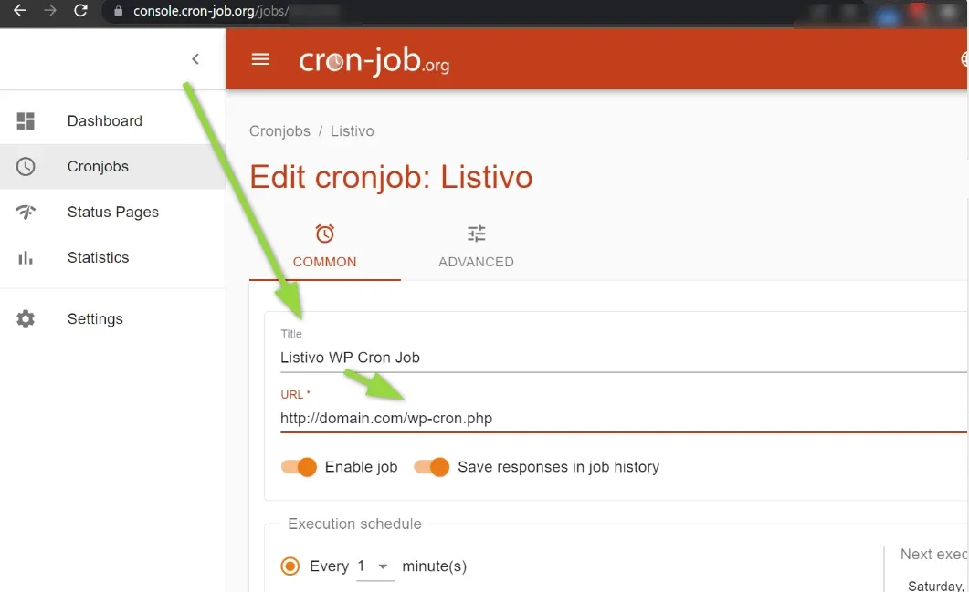 The cron-job.org "Edit cronjob: Listivo" screen on the COMMON tab, with the Title field set to "Listivo WP Cron Job", the URL field set to http://domain.com/wp-cron.php, the "Enable job" and "Save responses in job history" toggles on, and an execution schedule of every 1 minute.