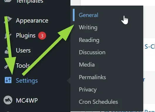 The WordPress admin sidebar with Settings highlighted and its submenu open, listing General, Writing, Reading, Discussion, Media, Permalinks, Privacy and Cron Schedules; General is selected.