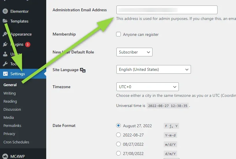 The WordPress Settings → General page with the Administration Email Address field at the top highlighted, above Membership, New User Default Role, Site Language, Timezone and Date Format settings.