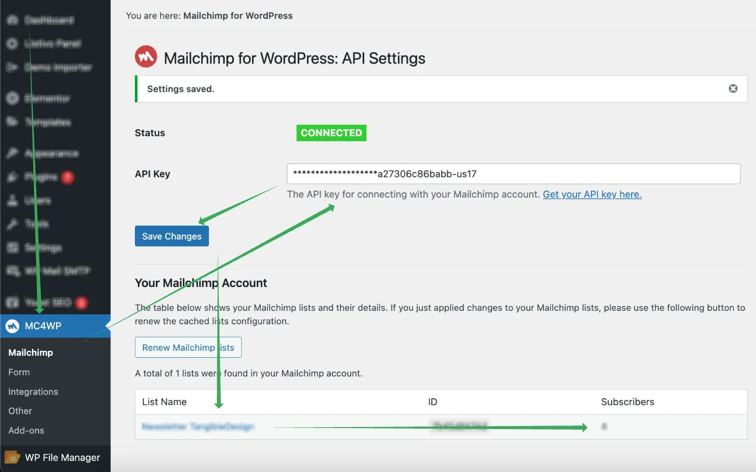 The Mailchimp for WordPress API Settings screen: Status shows a green CONNECTED badge, the API Key field holds a masked key, and a table below reports one list found on the account, named Newsletter TangibleDesign.