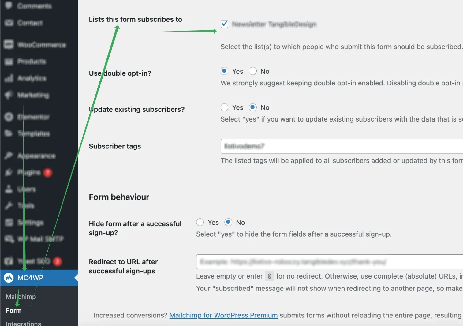 The MC4WP form settings with the Newsletter TangibleDesign checkbox ticked under "Lists this form subscribes to", followed by the double opt-in, update-existing-subscribers and subscriber tag options, and a Form behaviour section.