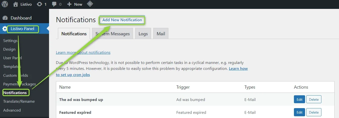 The Notifications screen in the Listivo Panel with the Add New Notification button highlighted, the Notifications, System Messages, Logs and Mail tabs, and two notifications listed — The ad was bumped up and Featured expired — with their triggers.