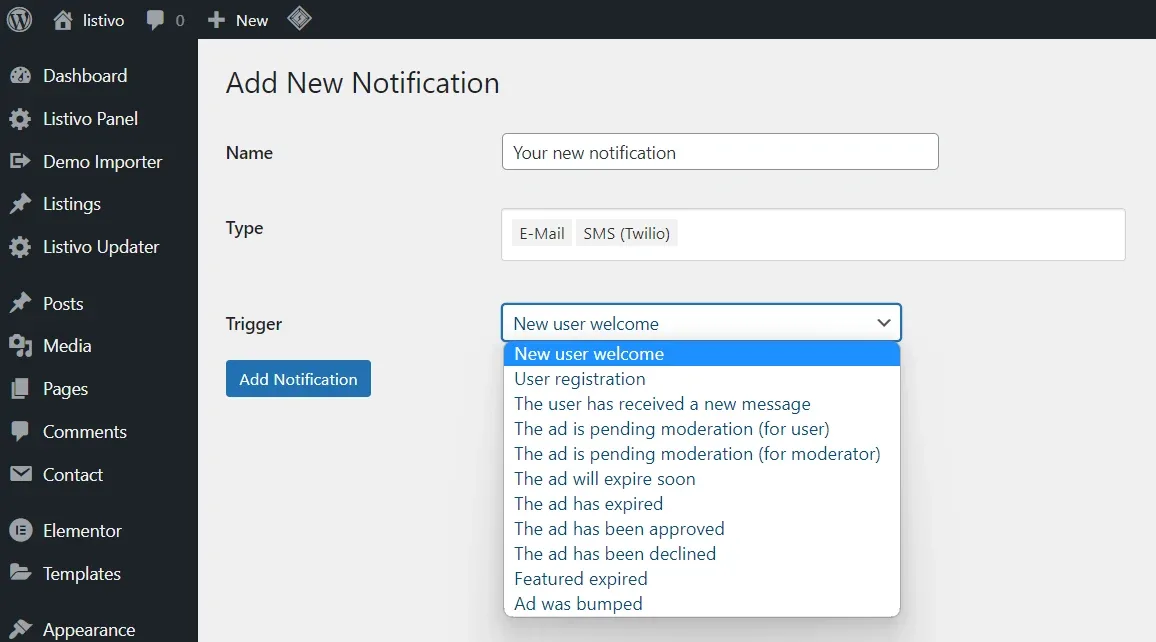 The Add New Notification form: a Name field, Type with E-Mail and SMS (Twilio) options, and the Trigger dropdown open on New user welcome, User registration, moderation, expiry, approval, decline and bump triggers.