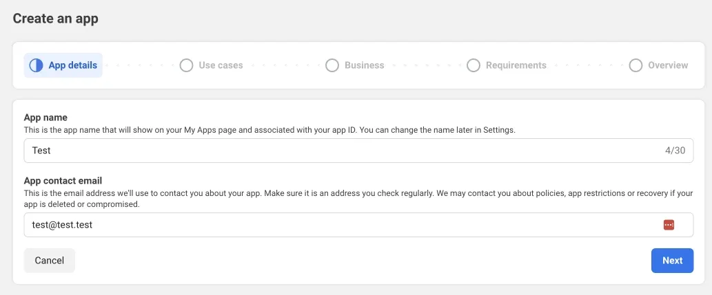 The “Create an app” wizard on the App details step, with App name filled in as “Test”, an App contact email of test@test.test, and Cancel and blue Next buttons.