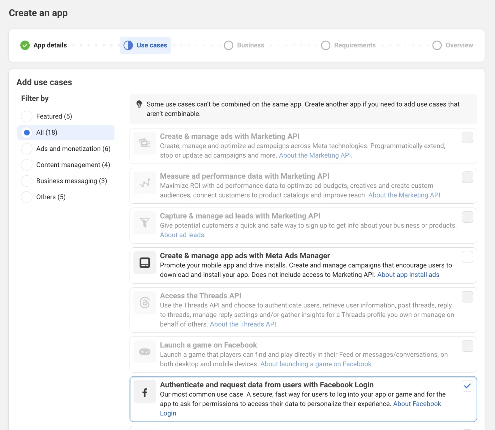 The Use cases step with “Filter by: All (18)” selected in the left column and a list of use cases; the last one, “Authenticate and request data from users with Facebook Login”, is ticked and highlighted.