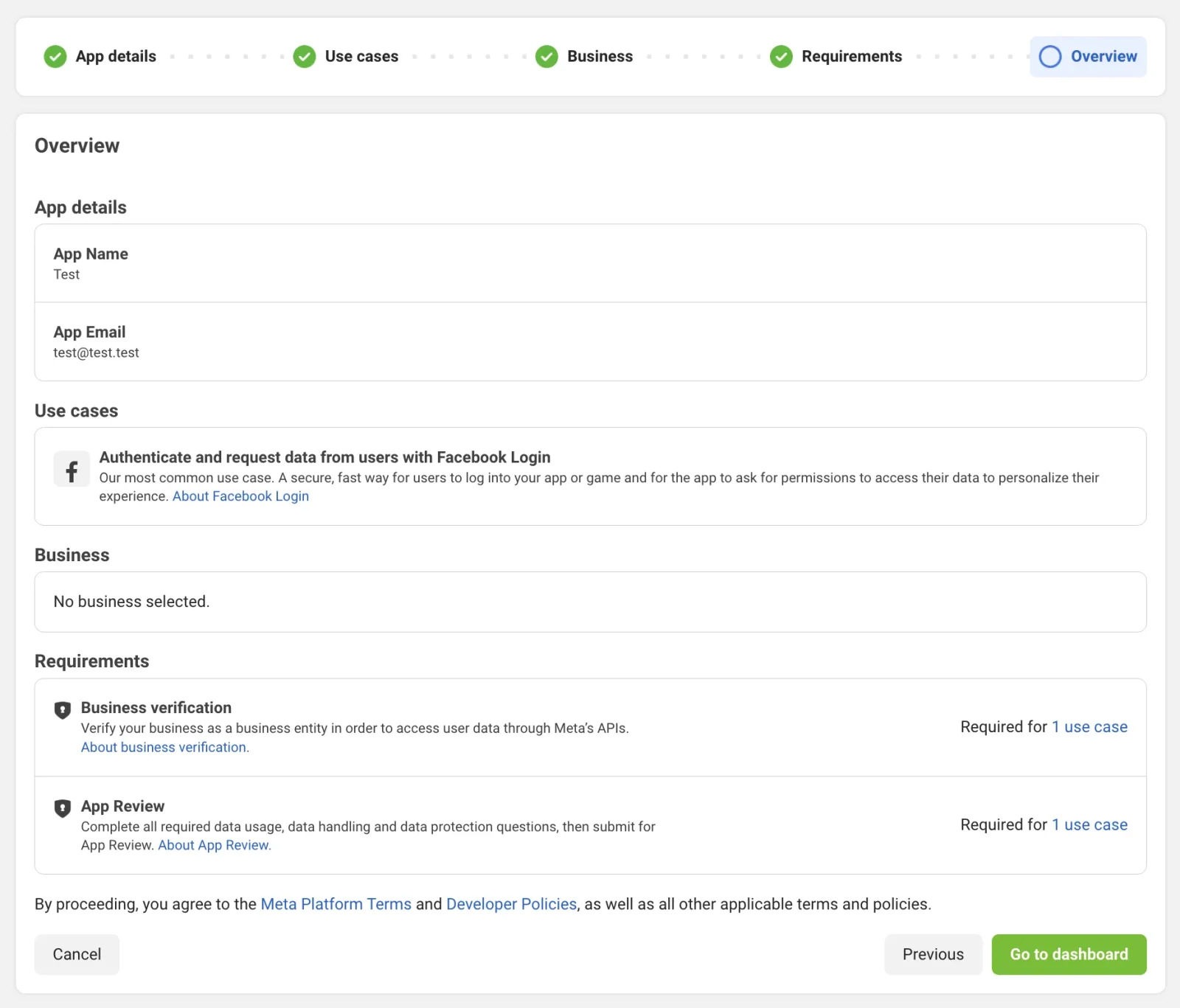 The Overview step summarising the app: App Name “Test”, App Email, the Facebook Login use case, “No business selected” and the two requirements, with a green “Go to dashboard” button.