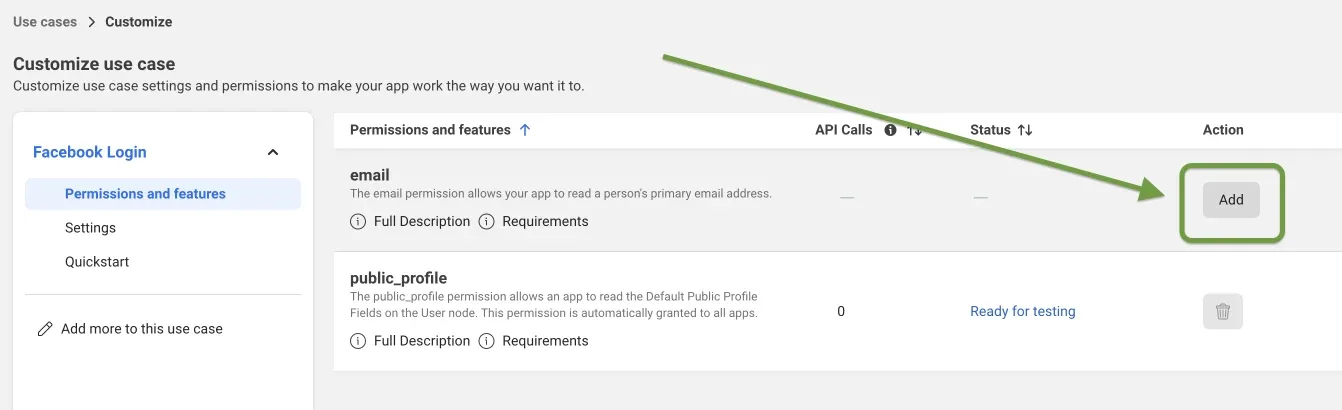 The Customize use case screen for Facebook Login. The permissions table lists email with no status and public_profile marked “Ready for testing”; a green arrow points at the Add button on the email row.
