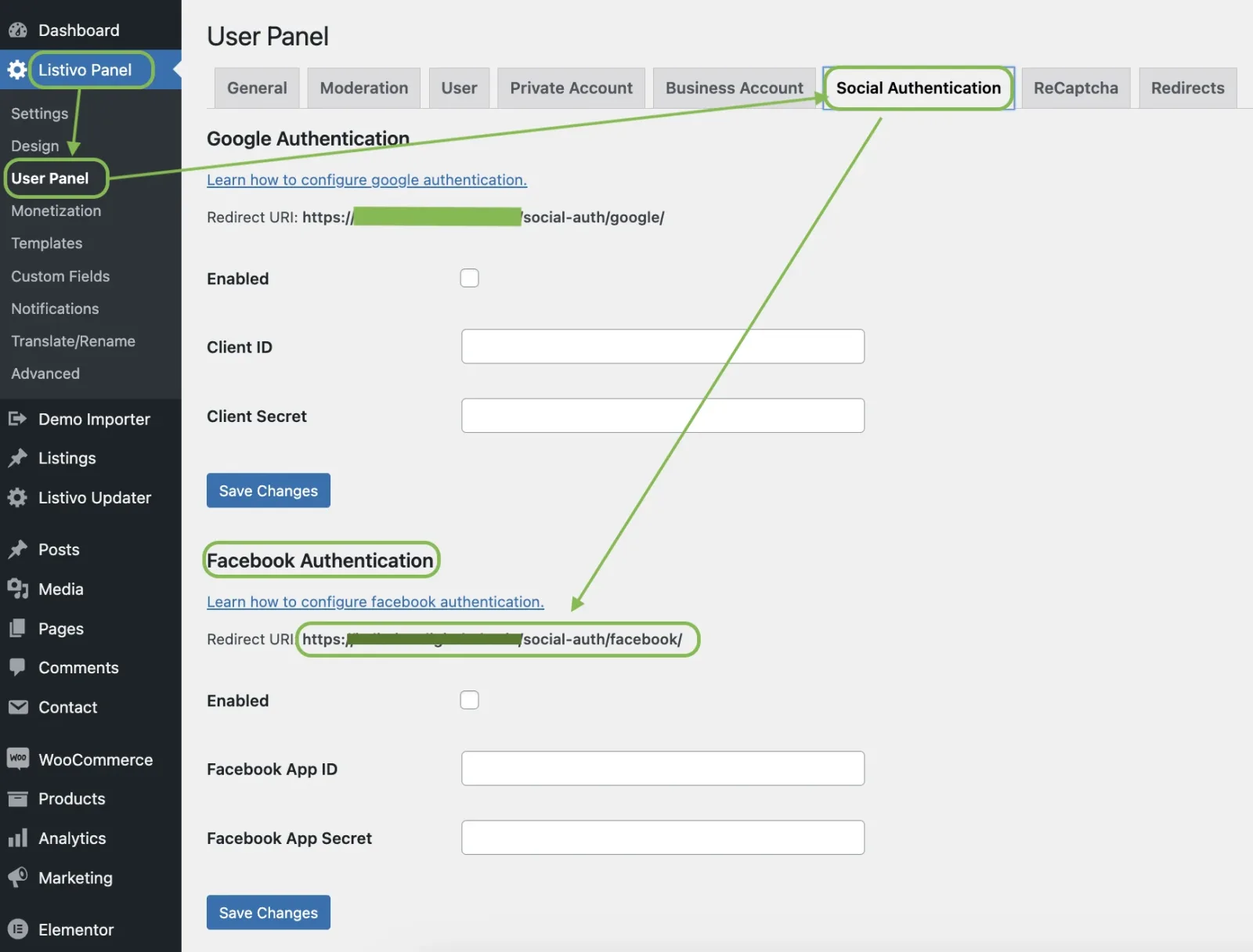 The Listivo Panel User Panel screen on the Social Authentication tab. Green arrows point at the tab and at the Facebook Authentication section, where the Redirect URI ending in /social-auth/facebook/ is outlined.