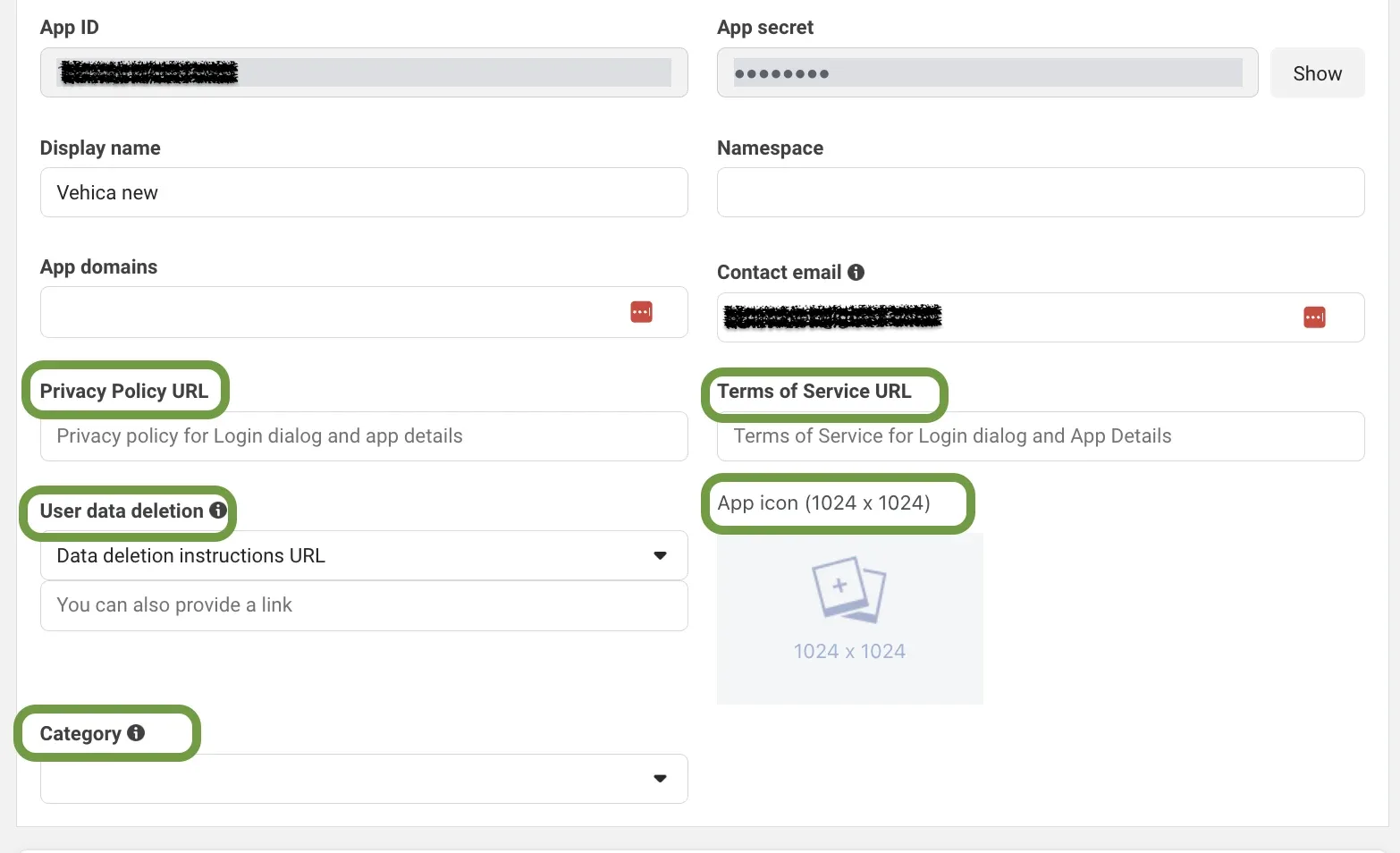 The Basic app settings form with App ID and App secret at the top, Display name “Vehica new”, and green outlines around the empty Privacy Policy URL, Terms of Service URL, User data deletion, App icon and Category fields.
