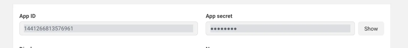 A close-up of the top of the Basic settings: the App ID field showing a numeric ID and the App secret field masked with dots, with a Show button beside it.