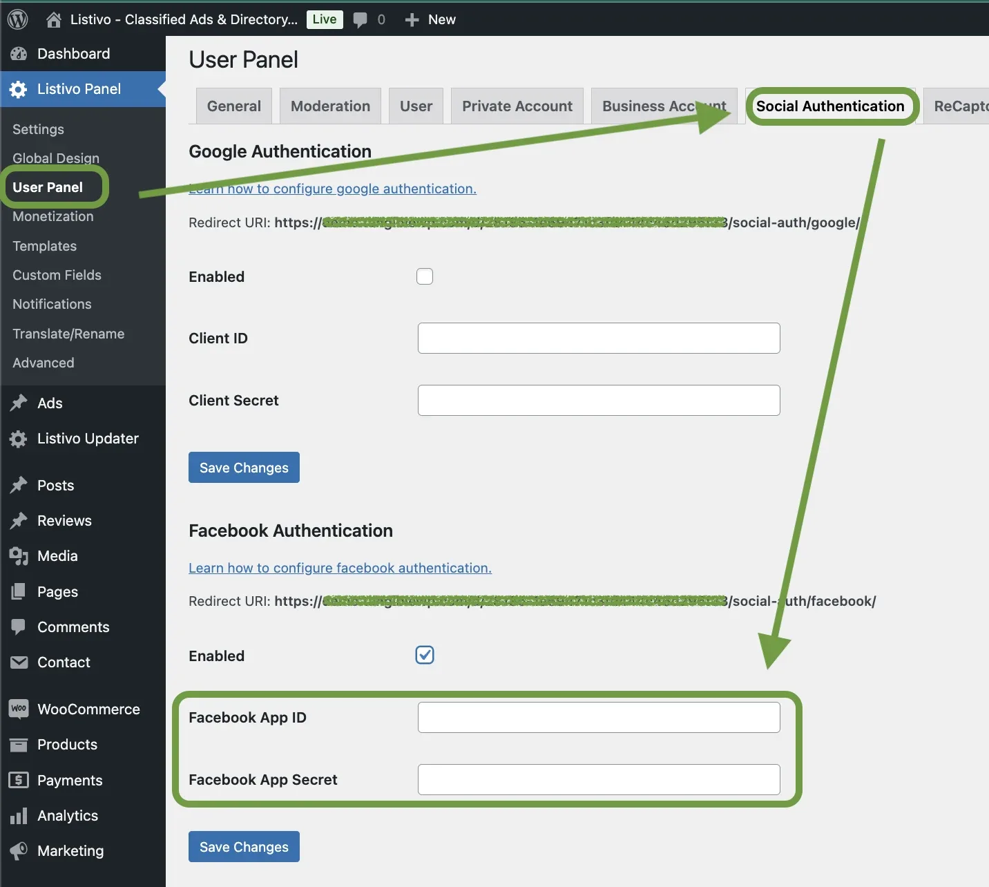 The Listivo Panel User Panel in WordPress on the Social Authentication tab. Green arrows point at the tab and at the Facebook Authentication section, where the empty Facebook App ID and Facebook App Secret fields are outlined.