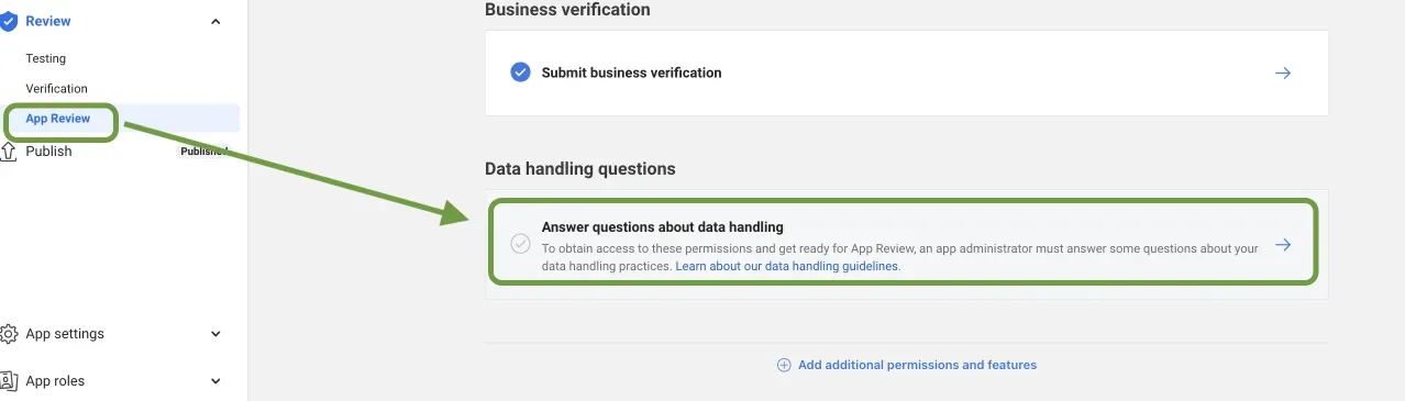 The App Review section: Business verification with “Submit business verification”, and Data handling questions with “Answer questions about data handling” outlined in green. Arrows point at App Review in the menu and at that row.