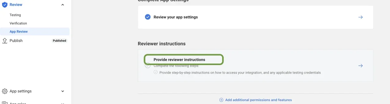 The App Review page with “Review your app settings” ticked and a Reviewer instructions section whose “Provide reviewer instructions” row is outlined in green. Publish in the left menu already reads Published.
