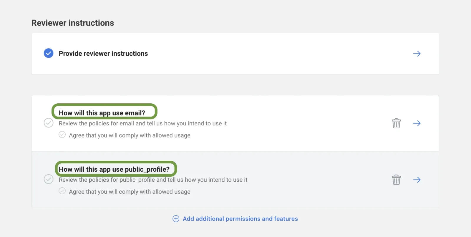 The Reviewer instructions section with “Provide reviewer instructions” ticked, followed by two outlined questions: “How will this app use email?” and “How will this app use public_profile?”, each with an agreement checkbox.