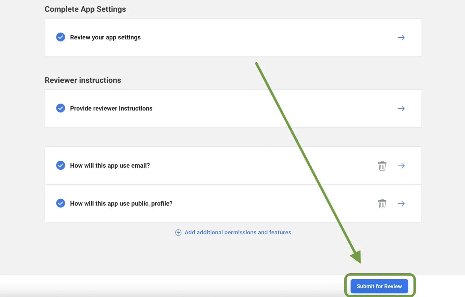 The review checklist with Complete App Settings, Reviewer instructions and both permission questions all ticked blue, and a green arrow pointing at the “Submit for Review” button at the bottom right.