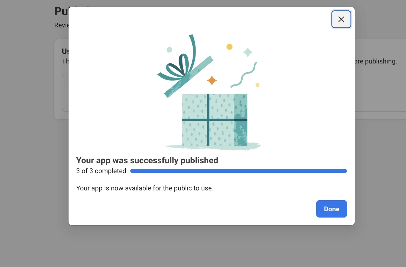 A confirmation dialog illustrated with a gift box, reading “Your app was successfully published”, a full 3 of 3 completed progress bar, a note that the app is now available to the public, and a Done button.