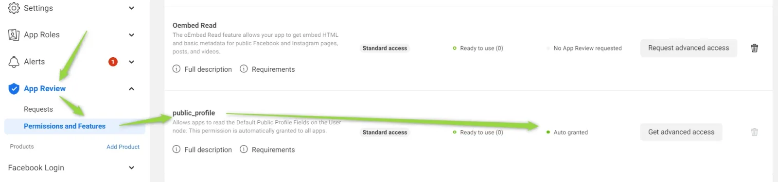 The App Review Permissions and Features table. The public_profile row shows Standard access, “Auto granted” in the API calls column and a “Get advanced access” button; the row above it still requires App Review.