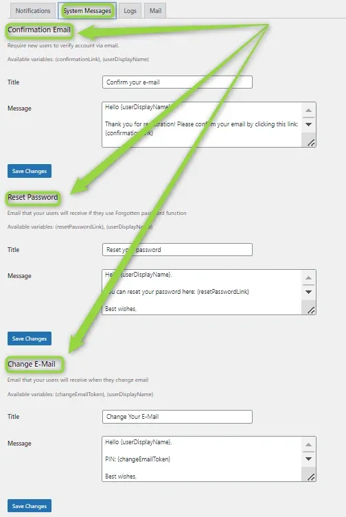 All three system messages on one tab — Confirmation Email, Reset Password and Change E-Mail — each with its available variables, a Title field, a Message body and its own Save Changes button.