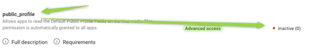A close-up of the public_profile row showing “Advanced access” with a red status reading “Inactive (0)”, with green arrows pointing at the permission name and at the status.