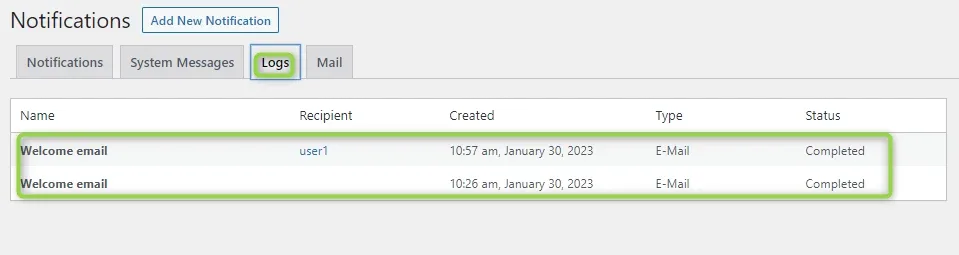 The Logs tab listing two Welcome email entries, recipient user1, created 10:57 am and 10:26 am on January 30, 2023, type E-Mail, status Completed.