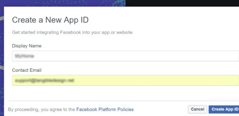 The “Create a New App ID” dialog with a Display Name field and a highlighted Contact Email field, above Cancel and “Create App ID” buttons.