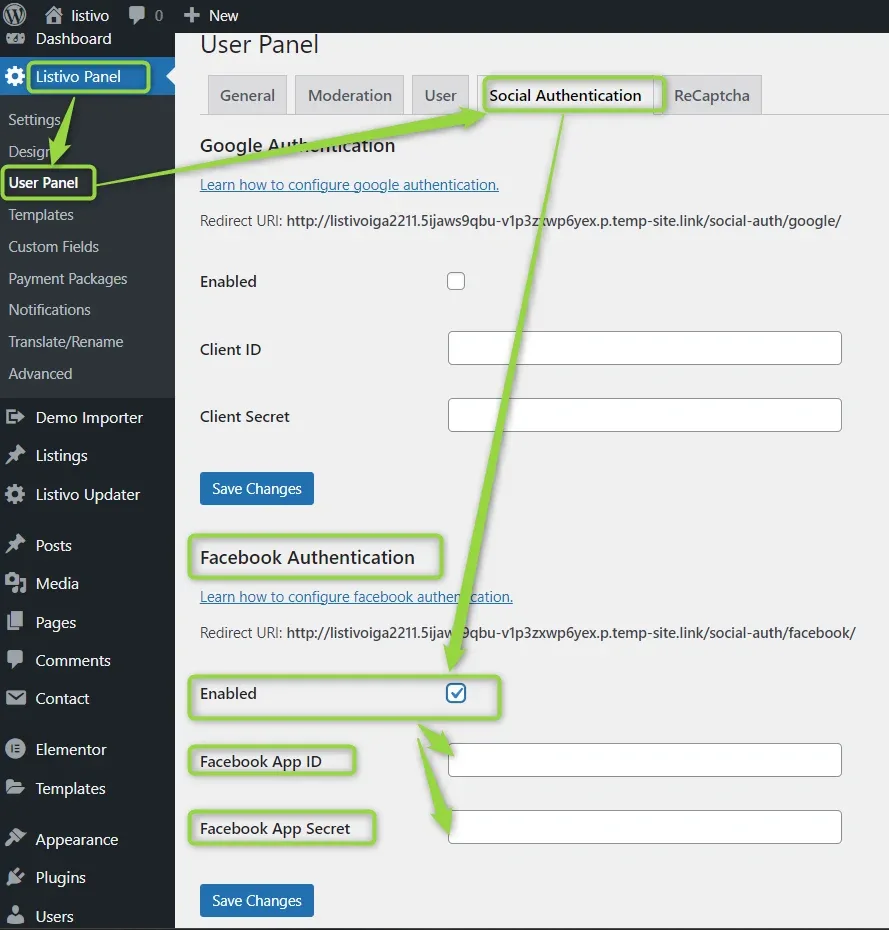 The Listivo Panel User Panel screen on the Social Authentication tab. Green outlines mark the Facebook Authentication heading, its ticked Enabled checkbox, and the empty Facebook App ID and Facebook App Secret fields.
