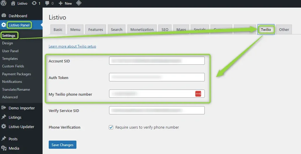 The Twilio tab of the Listivo settings with Account SID, Auth Token and My Twilio phone number framed in green, above Verify Service SID and a "Require users to verify phone number" checkbox.
