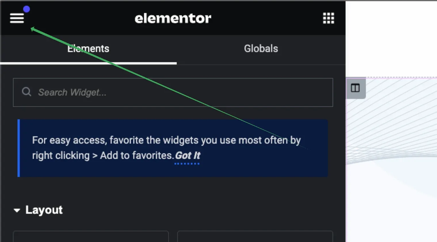 The Elementor editor panel with an arrow pointing to the hamburger icon in the top-left corner, above the Elements and Globals tabs and the widget search box.