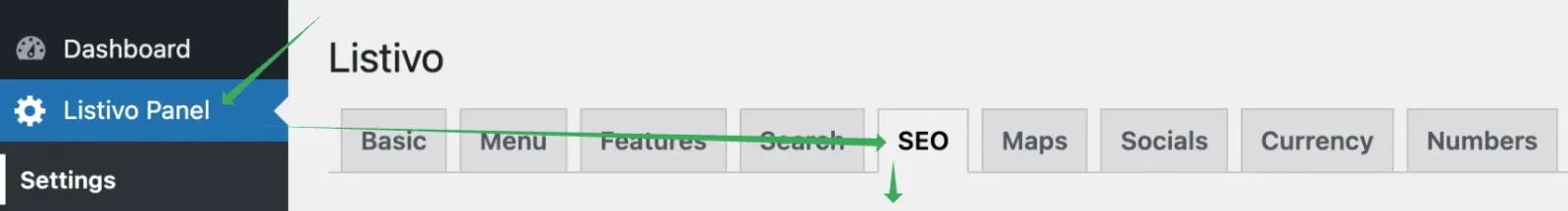 The Listivo Panel opened in the WordPress admin, with the SEO tab selected in the row of tabs: Basic, Menu, Features, Search, SEO, Maps, Socials, Currency, Numbers.