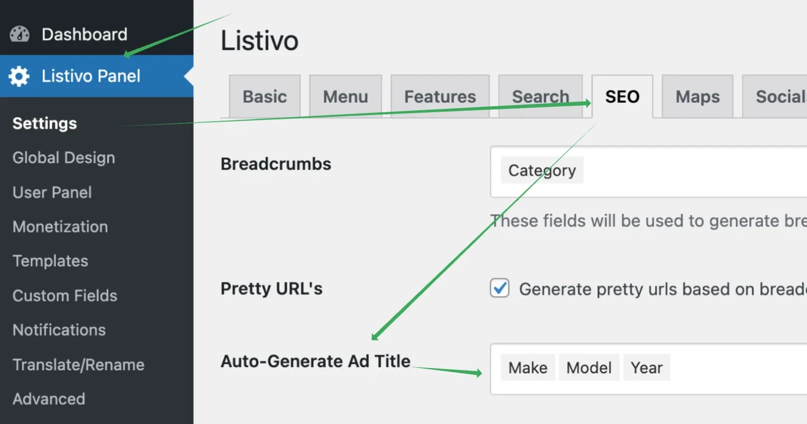 The SEO tab of the Listivo Panel, with the Breadcrumbs field set to Category, a Pretty URL's checkbox, and the Auto-Generate Ad Title row holding three field chips: Make, Model and Year.