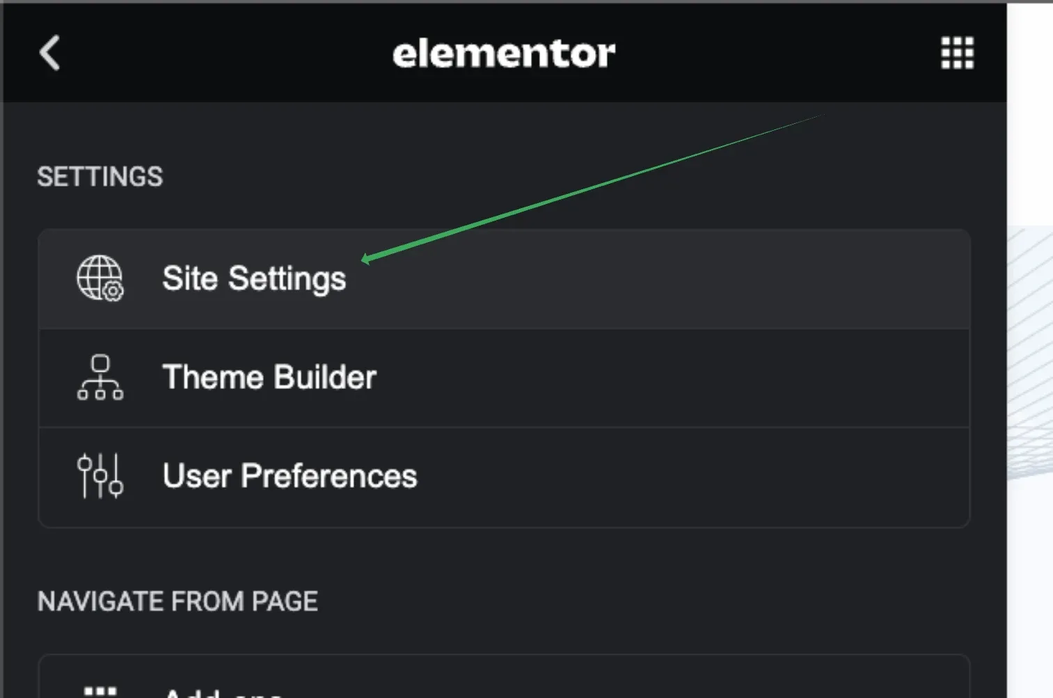 The Elementor panel menu open on its Settings section — Site Settings, Theme Builder, User Preferences — with an arrow pointing at Site Settings.
