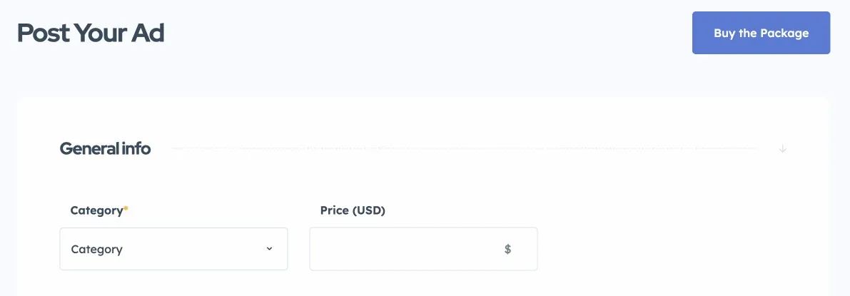The top of the Post Your Ad form, where the General info section starts straight with the Category dropdown and the Price (USD) field — no Ad Name field.