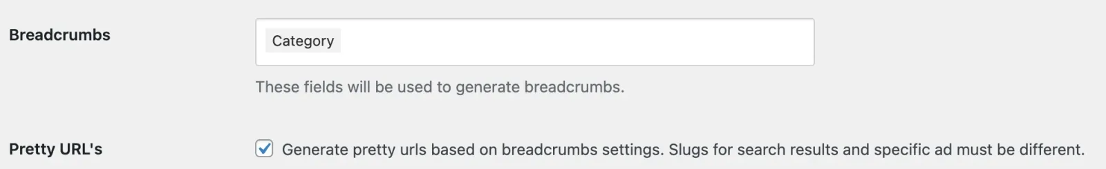 The Listivo SEO settings: a Breadcrumbs field holding the term Category with the note that these fields will be used to generate breadcrumbs, and a ticked Pretty URL's checkbox below it.