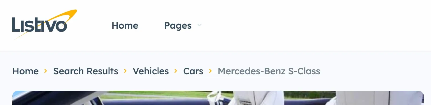 A Listivo page with the breadcrumb trail Home > Search Results > Vehicles > Cars > Mercedes-Benz S-Class shown under the site header.