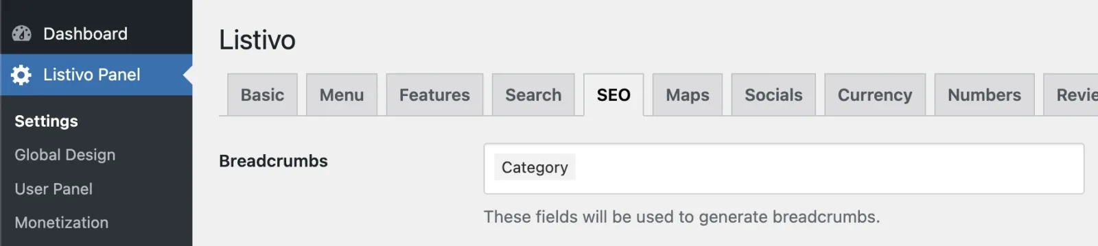 The Listivo Panel with the SEO tab selected and the Breadcrumbs field set to Category, under the note that these fields will be used to generate breadcrumbs.