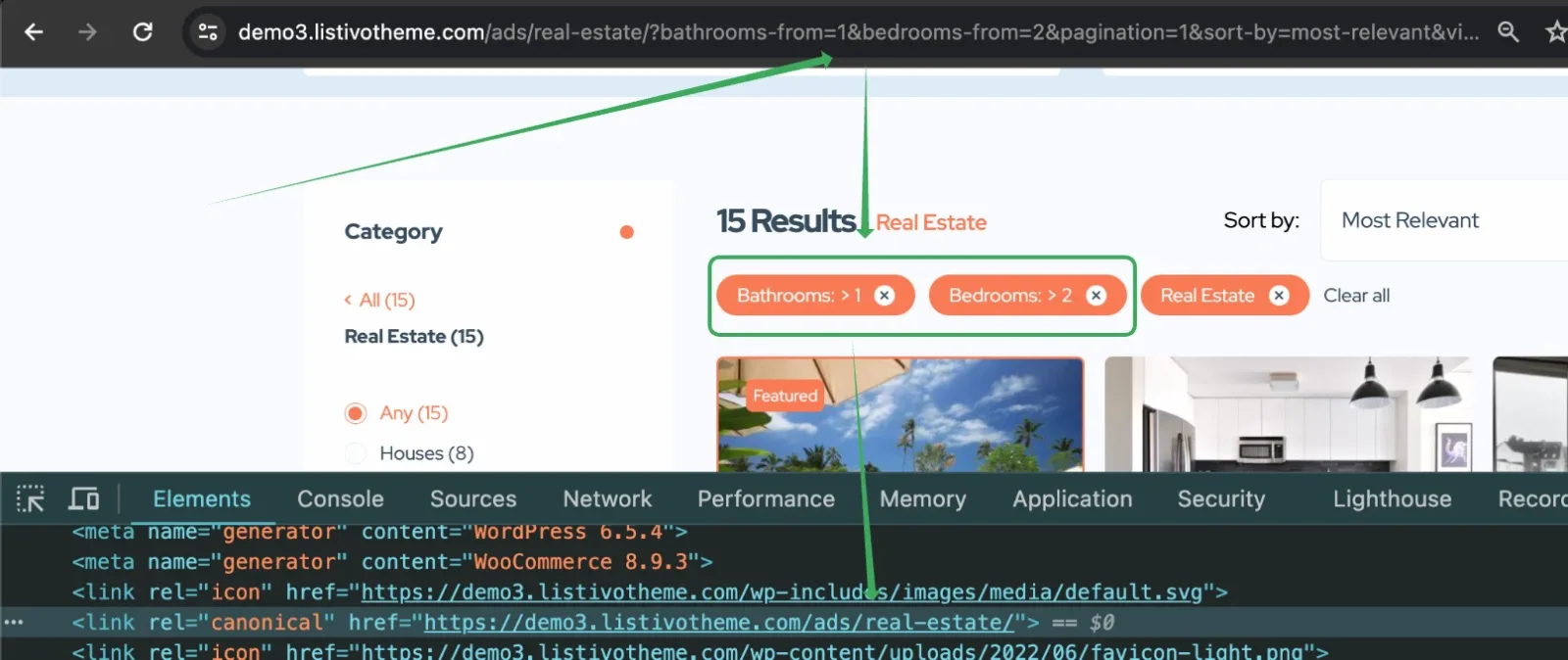 A search results page at demo3.listivotheme.com/ads/real-estate/ with Bathrooms +1 and Bedrooms +2 filter chips applied, and browser dev tools below showing a canonical link tag pointing to the plain /ads/real-estate/ address.