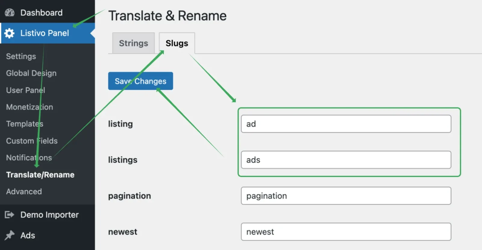 The Translate & Rename screen with the Slugs tab open, showing the Save Changes button and text fields labelled listing and listings holding the values ad and ads, with pagination and newest fields below.