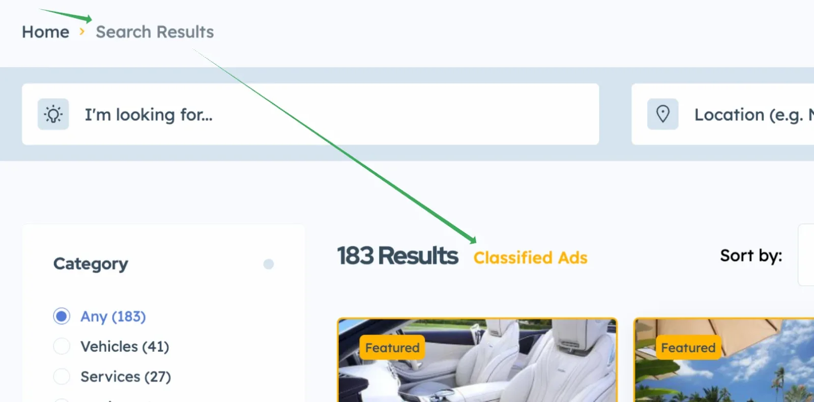 A Listivo search results page with the breadcrumb Home > Search Results, a search bar, and the heading 183 Results followed by the orange text Classified Ads. An arrow points from the breadcrumb to that orange text.