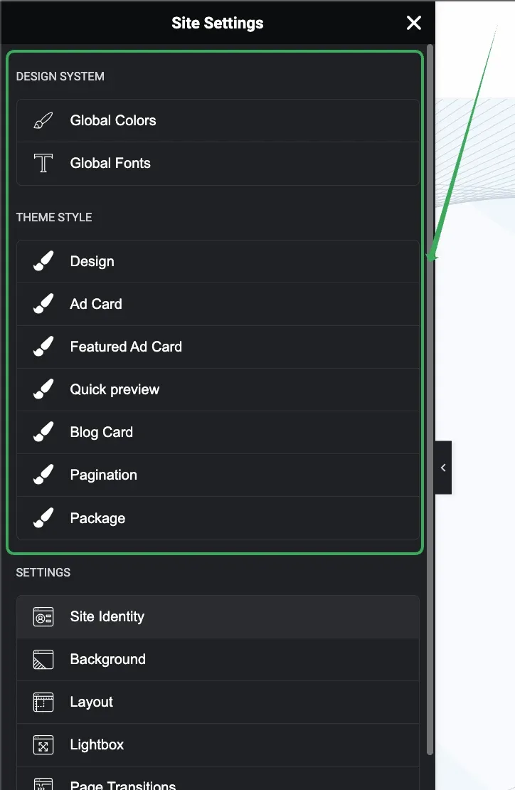 The Site Settings panel with a green box around the Design System group (Global Colors, Global Fonts) and the Theme Style group (Design, Ad Card, Featured Ad Card, Quick preview, Blog Card, Pagination, Package), above Elementor's own Settings entries.