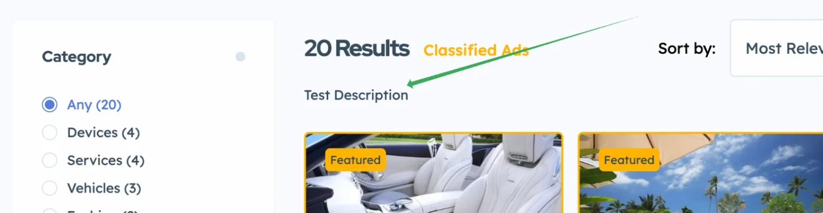 A search page heading reading 20 Results Classified Ads, with the line Test Description directly underneath it and the first ad cards below.