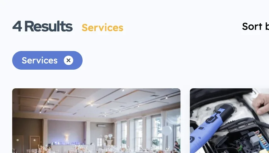 A search page reading 4 Results Services, with an active Services filter chip below the heading and two ad cards underneath.