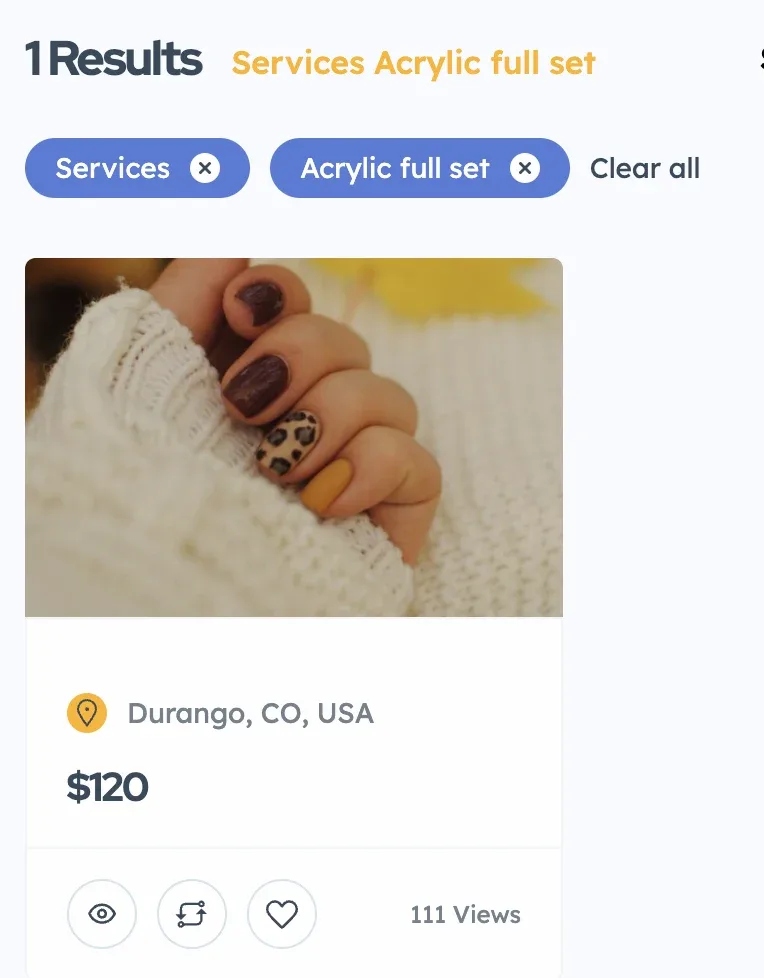 A search page reading 1 Results Services Acrylic full set, with Services and Acrylic full set filter chips and one ad card priced $120 in Durango, CO, USA.