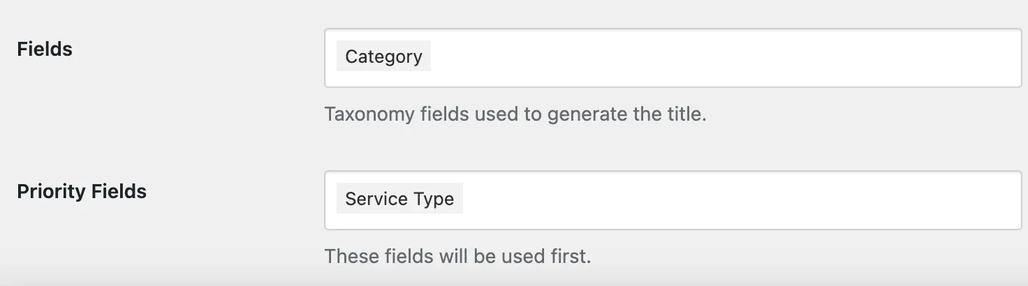 The Listivo SEO settings with Fields set to Category and Priority Fields set to Service Type, under the note that these fields will be used first.