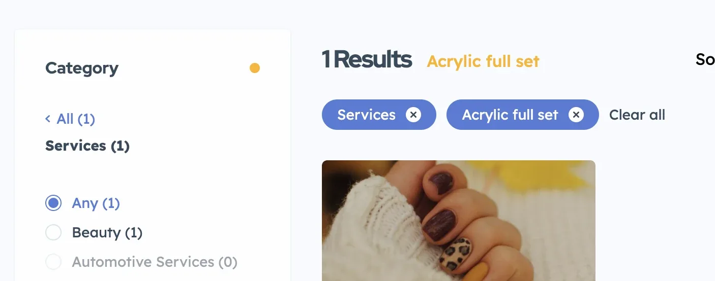 A search page whose heading now reads 1 Results Acrylic full set only, while the Services and Acrylic full set chips and the Category sidebar filters stay in place.