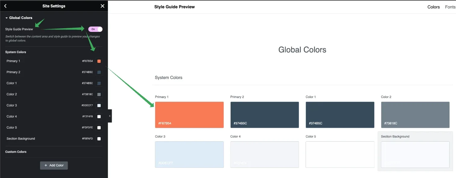 The Global Colors panel on the left and the Style Guide Preview on the right, showing the System Colors swatches — Primary 1, Primary 2, Color 1 to Color 6 and Section Background — with their hex values.
