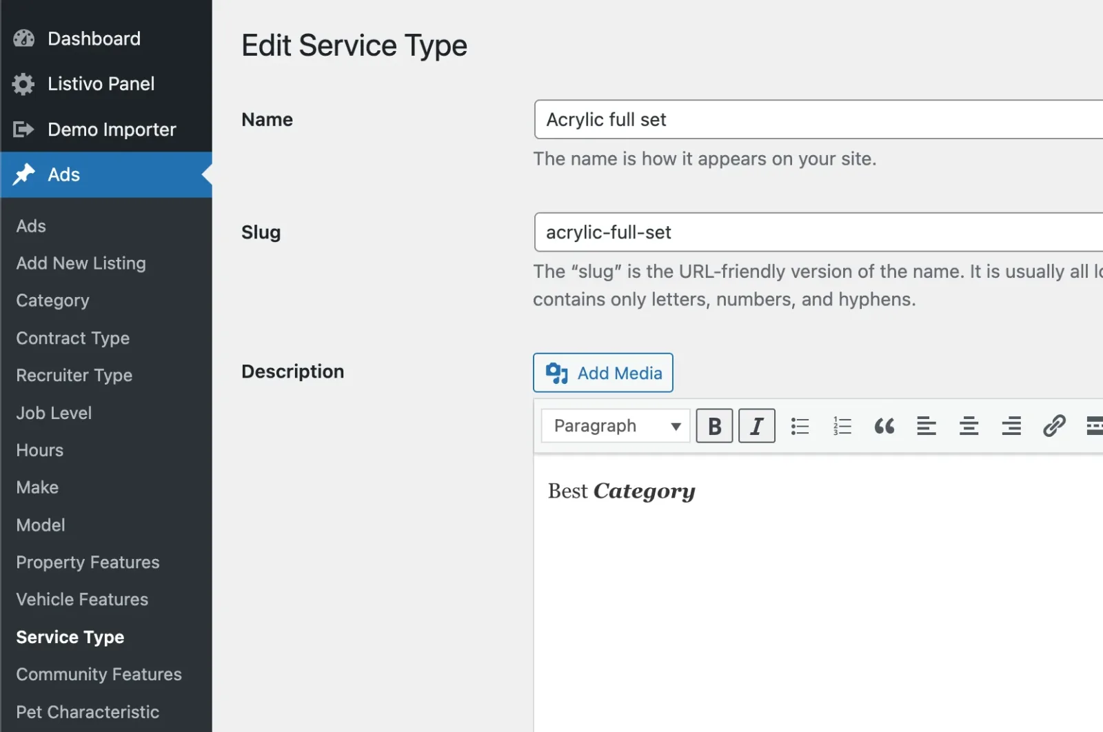 The same Edit Service Type screen with Yoast active: the Description field is now a rich text editor with a formatting toolbar and an Add Media button, holding the text Best Category.